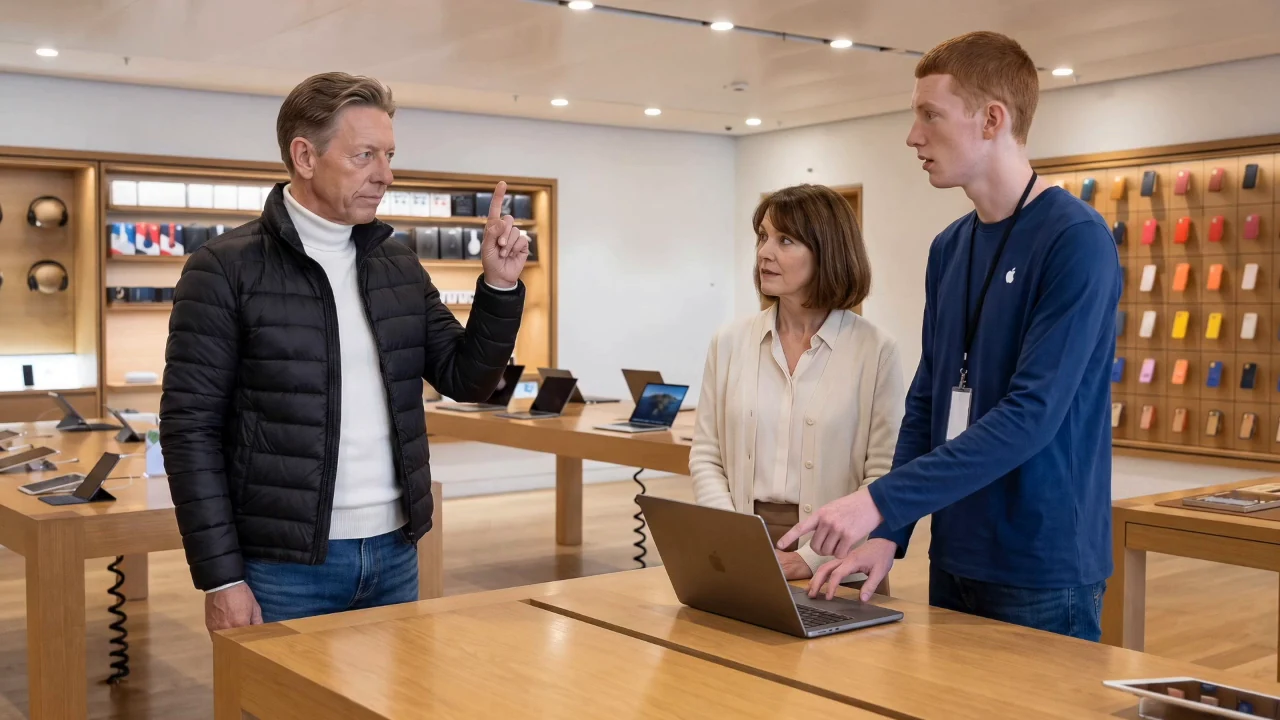 Beratungsszene zu einem MacBook in einem Geschäft mit Apple-Geräten.