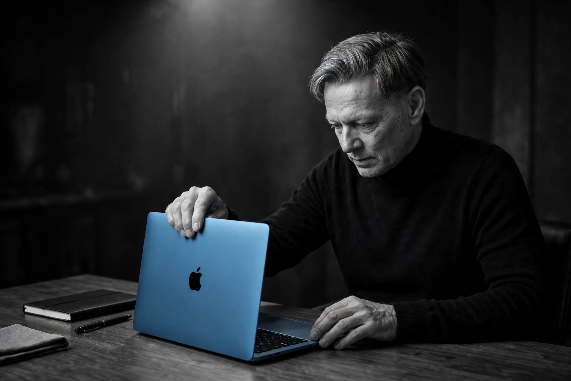 Pete Meyer im schwarzen Rollkragenpullover an einem blauen MacBook, als Schwarzweissmotiv mit blauem Farbakzent.